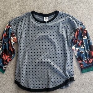 Ivy Jane Gray Polka Dot Top with Floral Sleeves